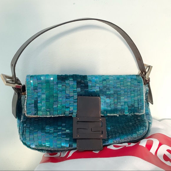 Fendi Handbags - FENDI Navy Blue Sequin Beaded Shoulder Baguette Vintage 90s Bag